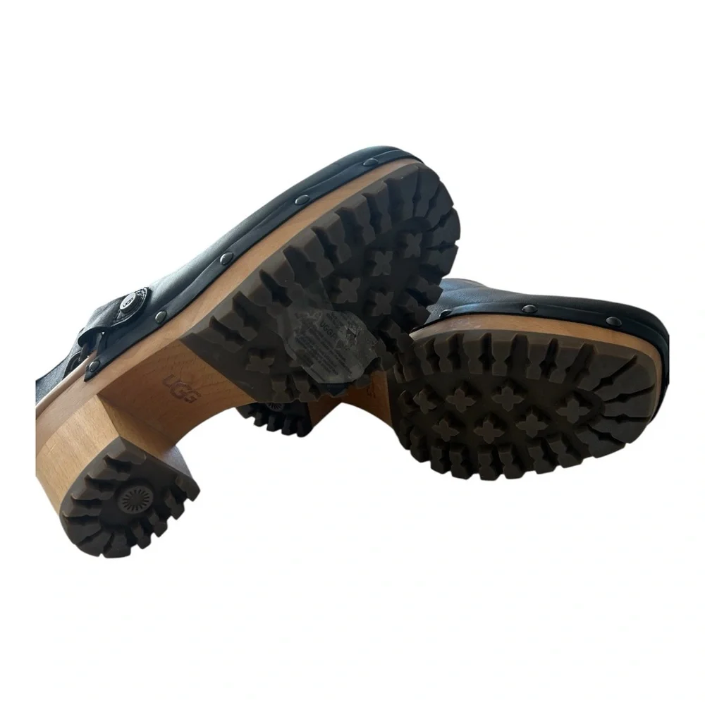 UGG Women’s Black Leather Platform Clog Slingback Heels Size 7 Wood Lug Sole - Picture 5 of 6